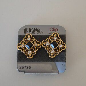 1928 Brand Clip On Earrings Gold  Tone w/ Black & Rhinestone Accents - NWT